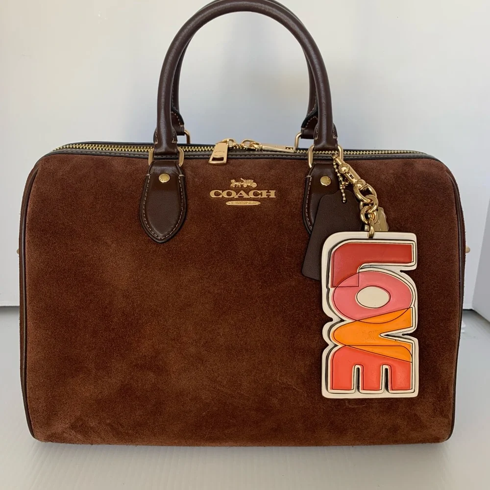 Coach Large Rowan Suede Satchel Set-Long Zip Wallet,LOVE Charm,Dust Bag,Insert